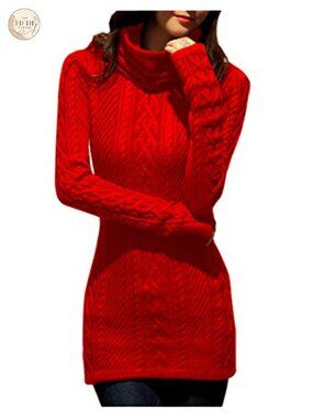 Women's Long Slim Fitted Turtleneck Cable Knit Sweater Dress Pullover